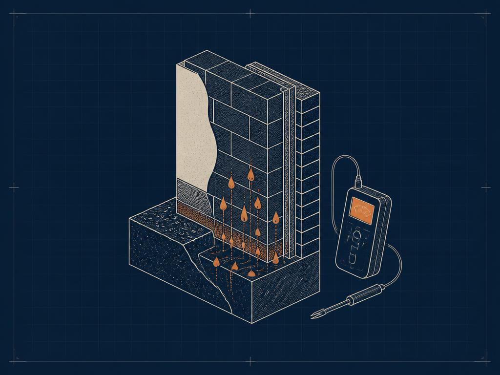 Blueprint-style illustration of a damp wall cross-section and moisture meter