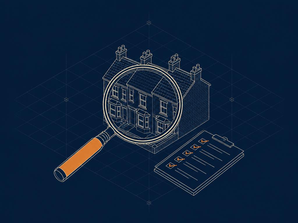 Blueprint-style illustration of a magnifying glass inspecting a terraced house