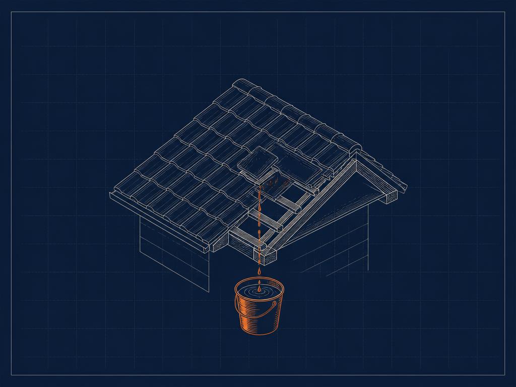 Blueprint-style illustration of a leaking pitched roof dripping into a bucket