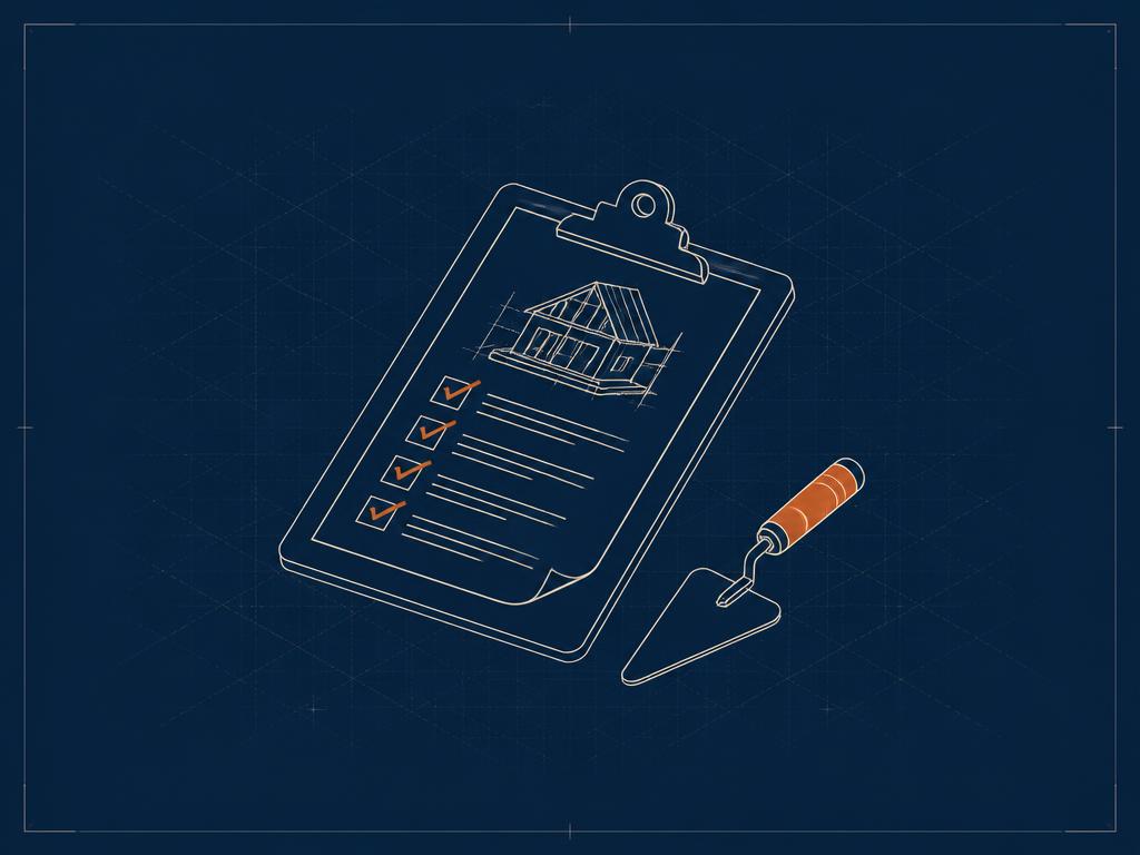 Blueprint-style illustration of a builder's contract on a clipboard with a trowel